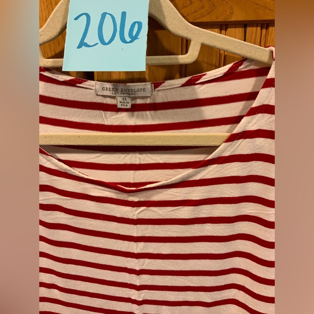 Green Envelope Red and White Striped Short Sleeve Top - Picture 2 of 3